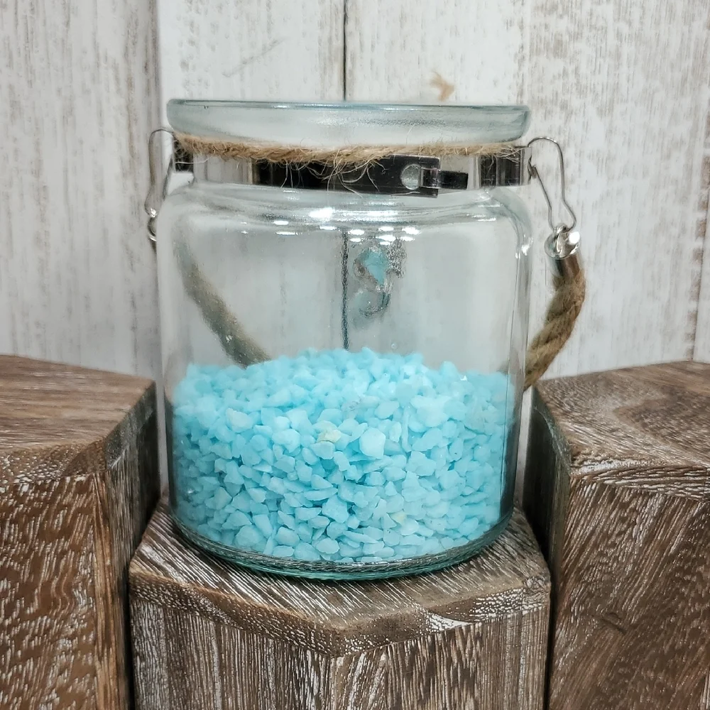 Silver Seahorse Charm Glass Jar Vase Twine Handle with Aqua Pebble Rocks